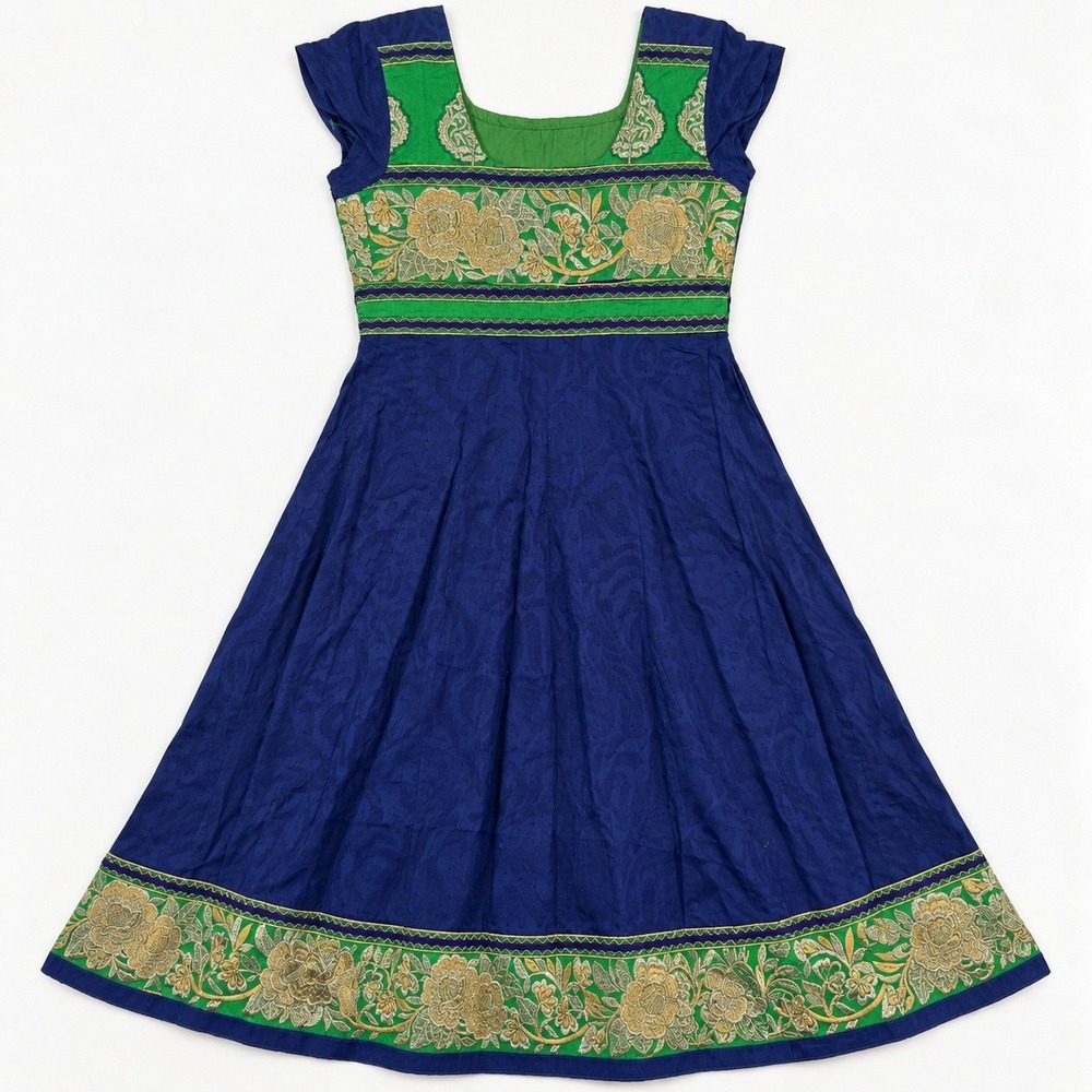 Blue Green Embroidered Tunic Dress Gold Dopamine Whimsical Patchwork XXS